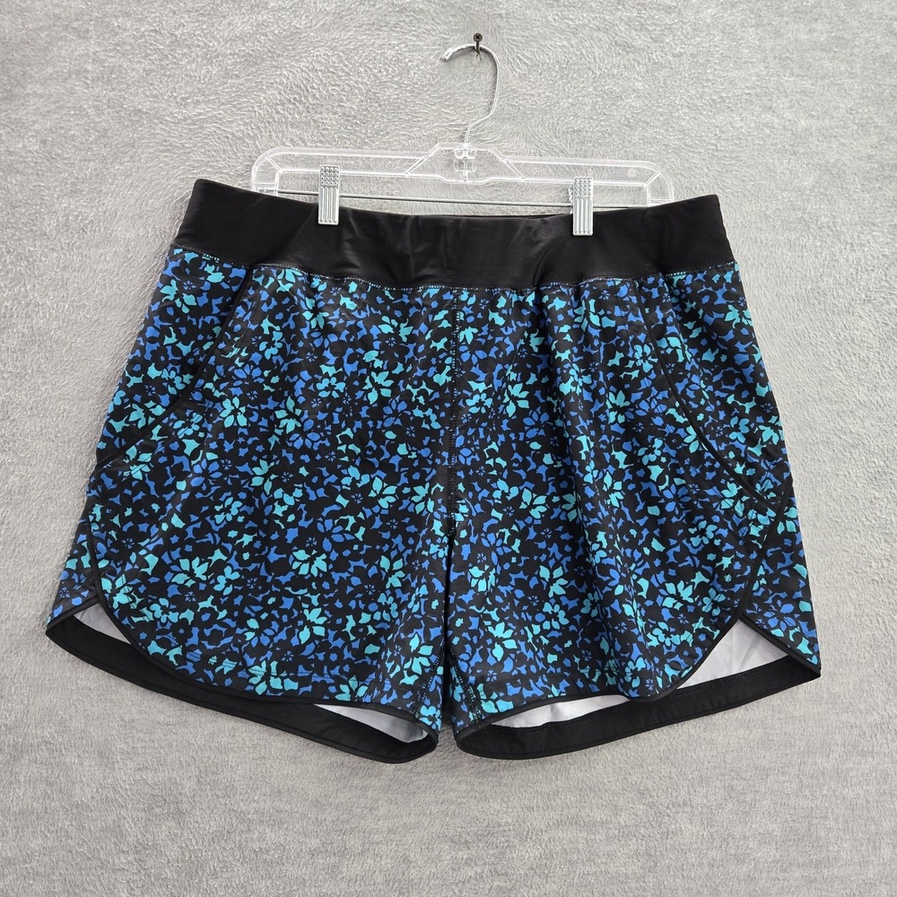 Lands' End Women Activewear Shorts‎ 16 Black Blue Nylon Polyester Floral Pockets